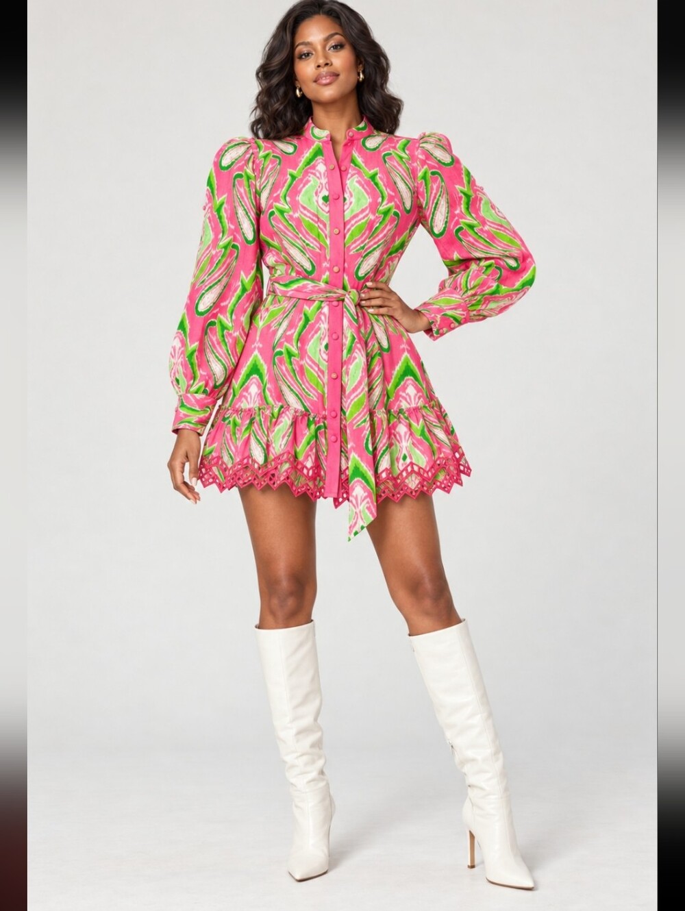 HEMANT & NANDITA Pink and Green Printed Mini Dress with Tie Waist